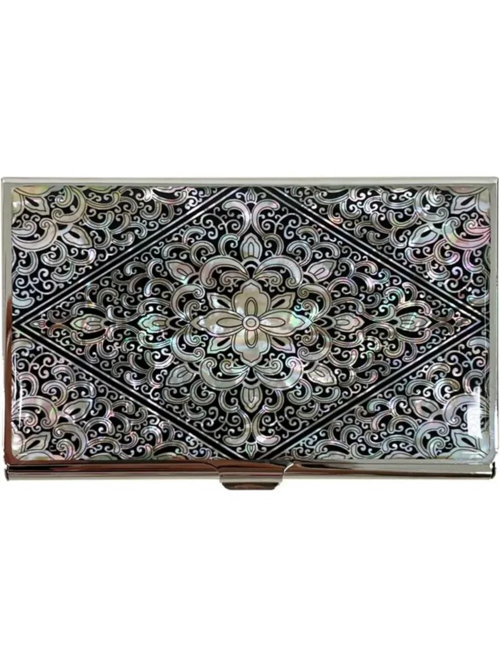 Elegant Mother of Pearl Business Card Case & ID Holder - Slim Metal Travel